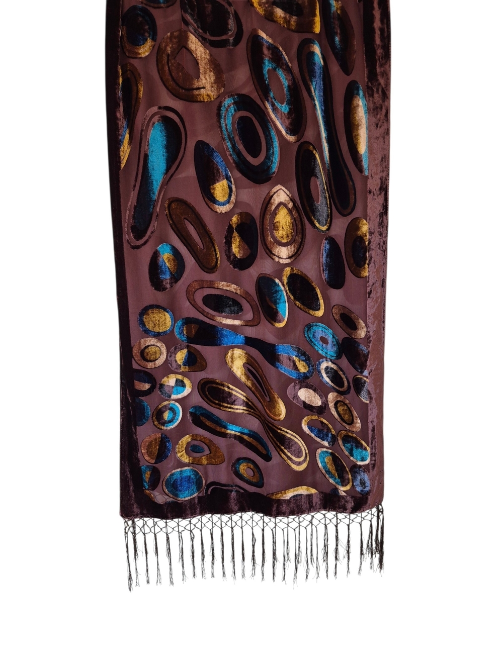 Chocolate Brown & Teal Burnout Velvet Scarf Silk Blend Abstract Design NWT